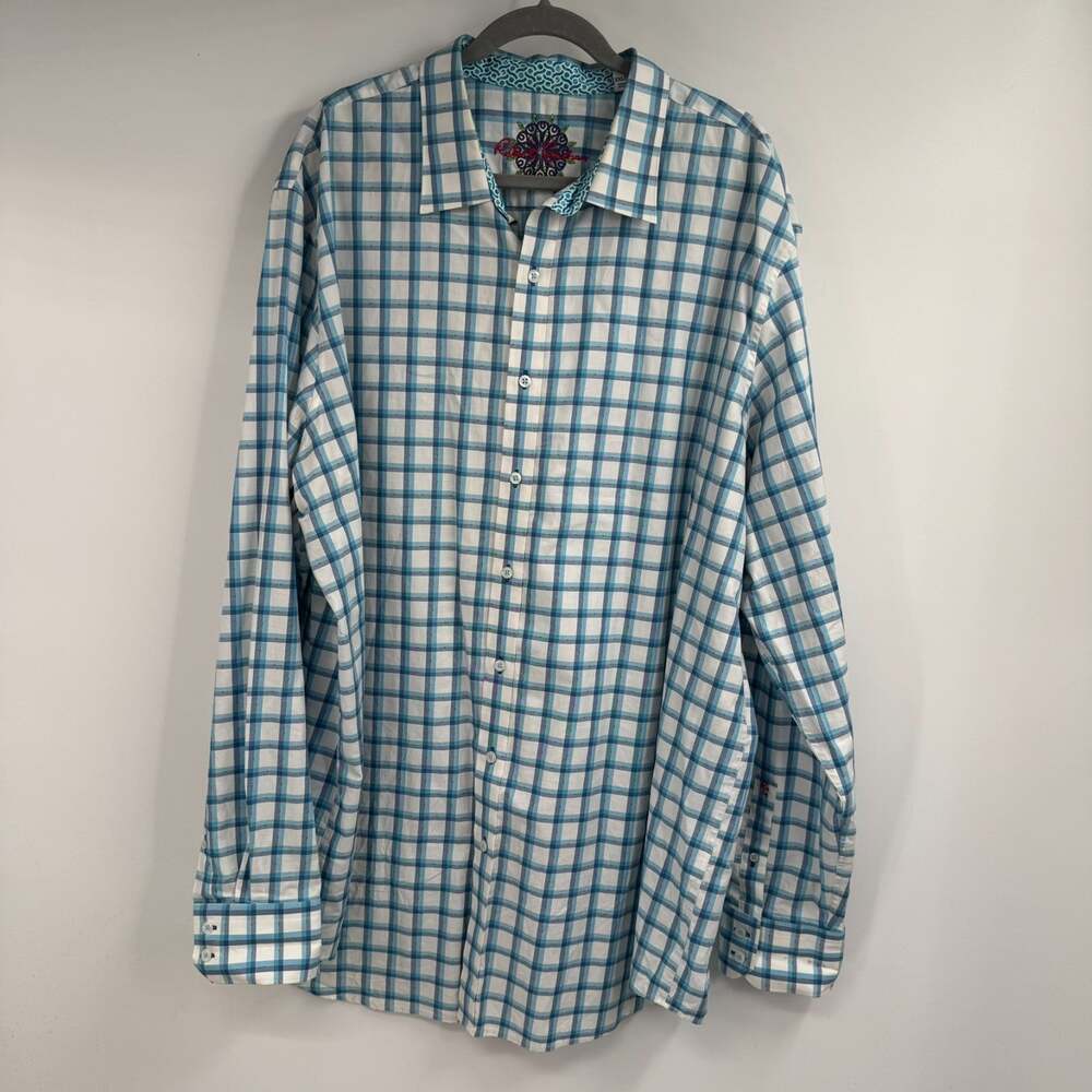 Robert Graham Plaid Button Up Shirt Mens 2XLT Blue White Long Sleeve Cotton Prep